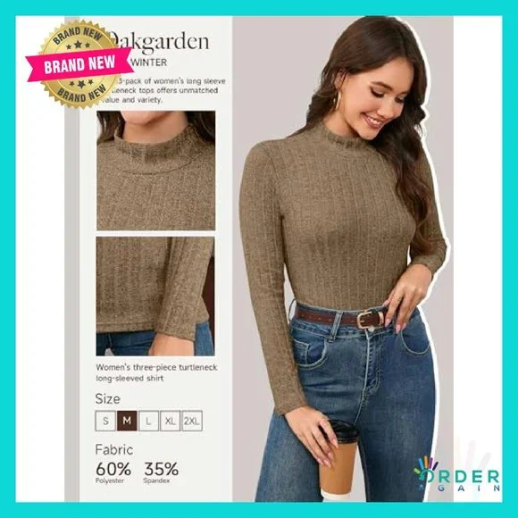 Mock Turtleneck Sweaters Ribbed Knit Slim Fit Thermal Pullover 3 Pack